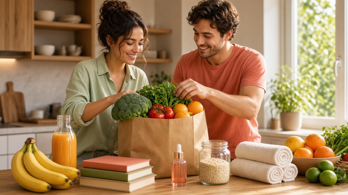 Two people unpacking a bag of fresh groceries
